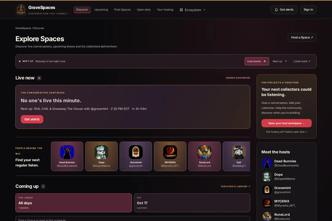 GraveSpaces discovery page with live conversations, upcoming Spaces and replay navigation